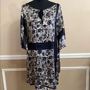Floral Satin Dress with Black Accents Small NWOT